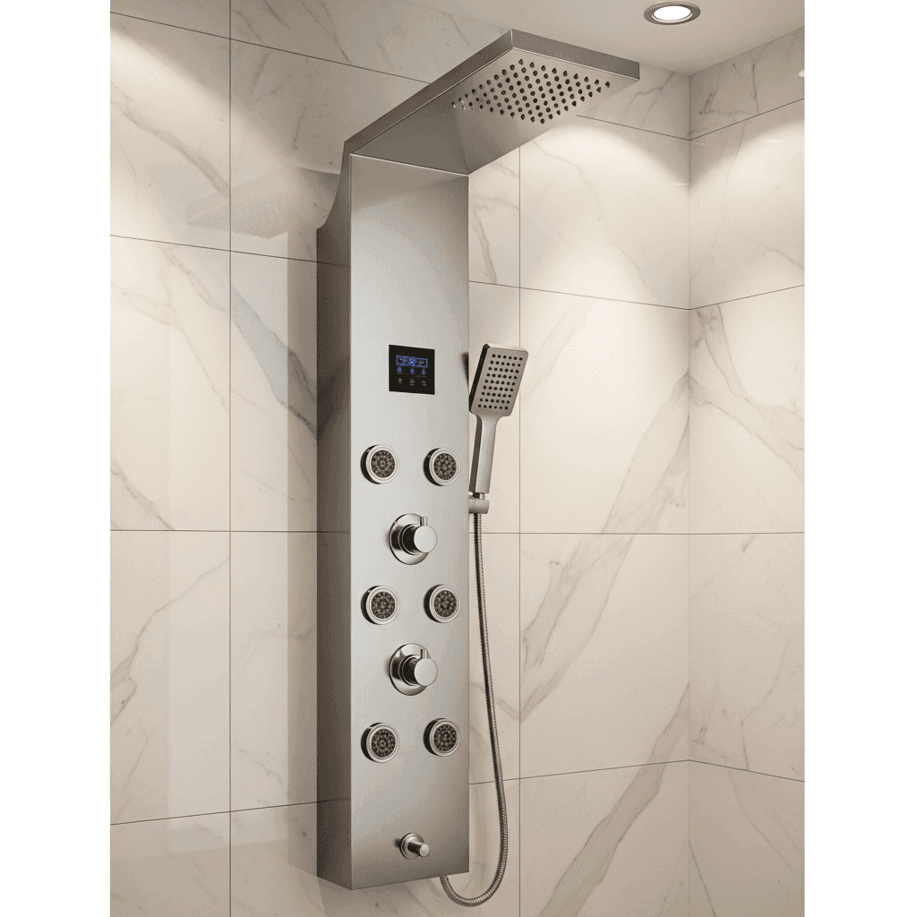 Shower panel system with rain head and body jets