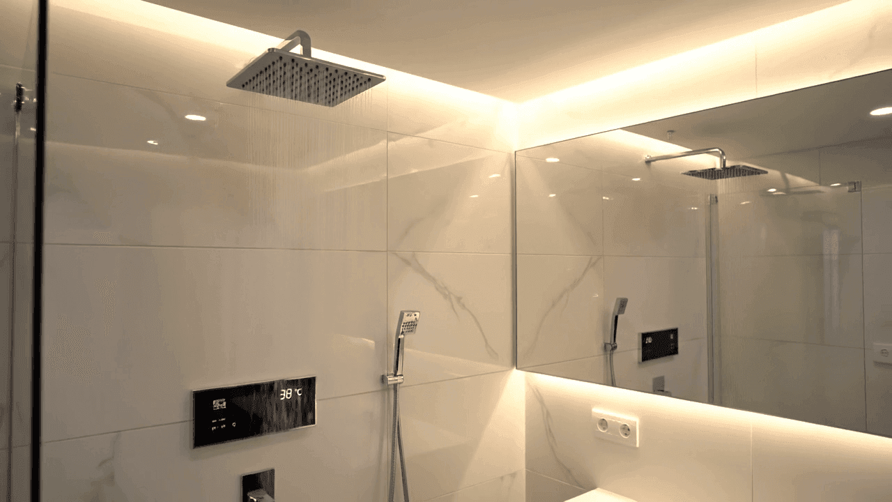 Bathroom with smart lighting and fixtures