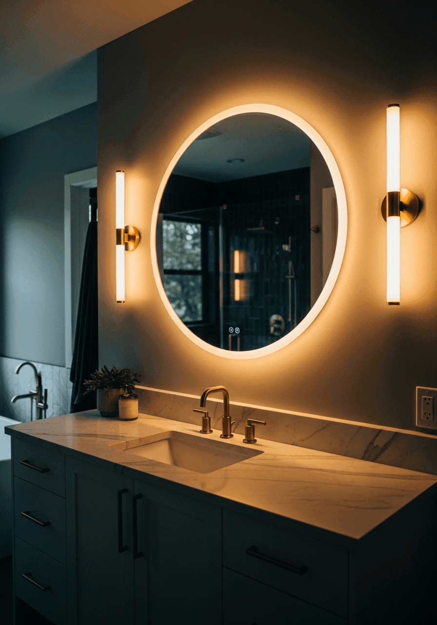 Backlit LED mirror above a vanity