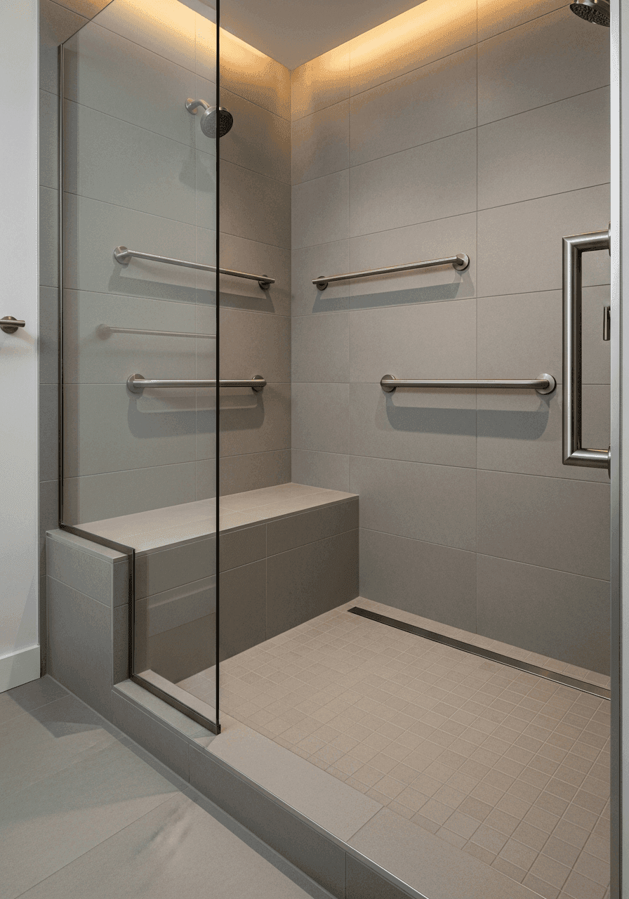 Accessible shower with a built-in bench, grab bars and a handheld shower