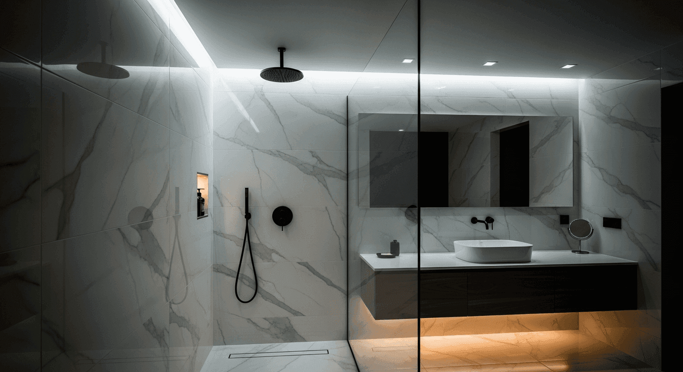 Dark marble-look tile shower with a lit niche
