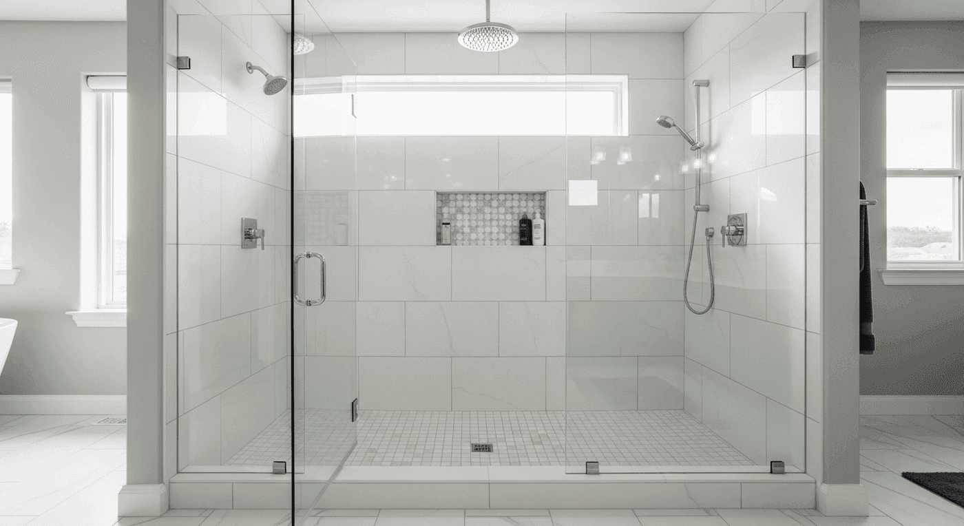Wide barrier-free walk-in shower with glass and a linear drain