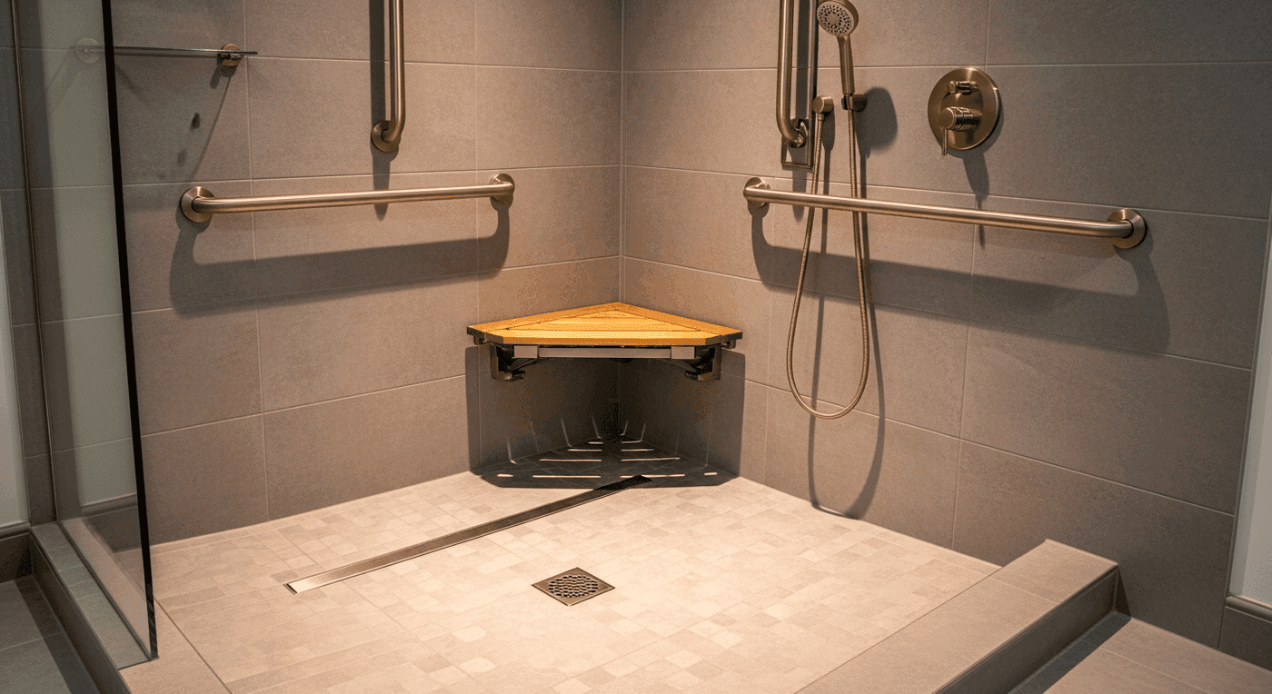 Curbless shower with grab bars, a fold-down seat and a linear drain
