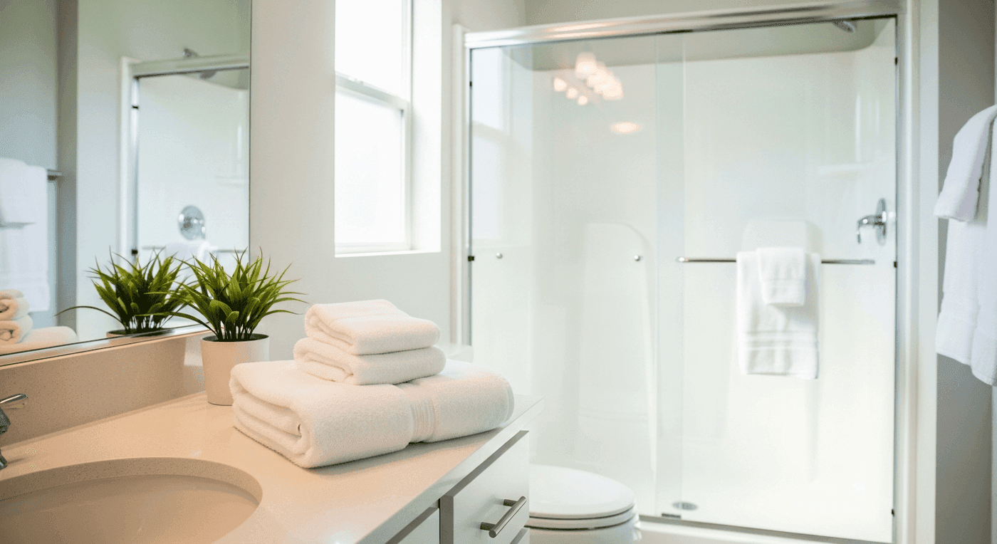 Bright rental bathroom with a white acrylic shower