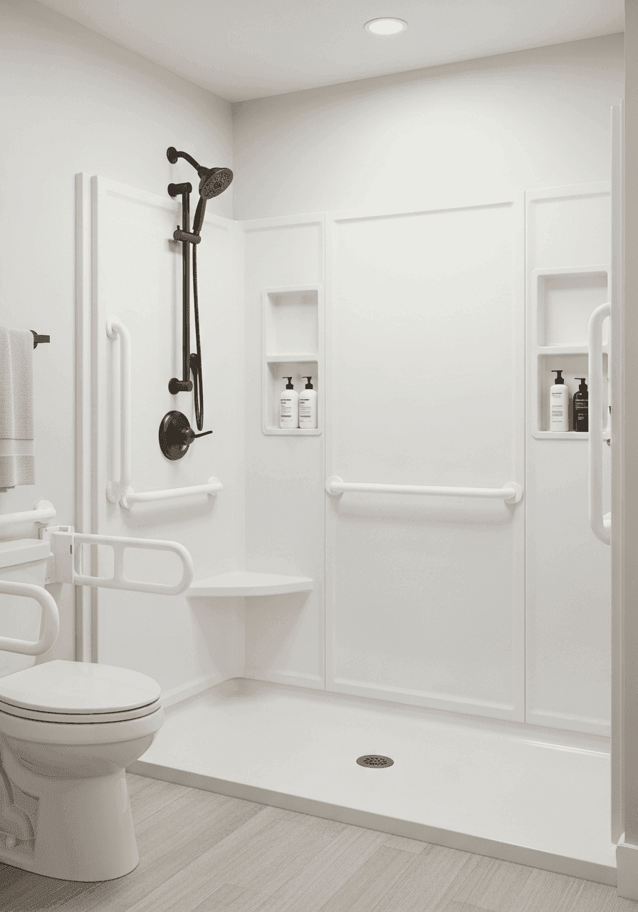 White acrylic low-threshold shower with grab bars and a fold-down seat