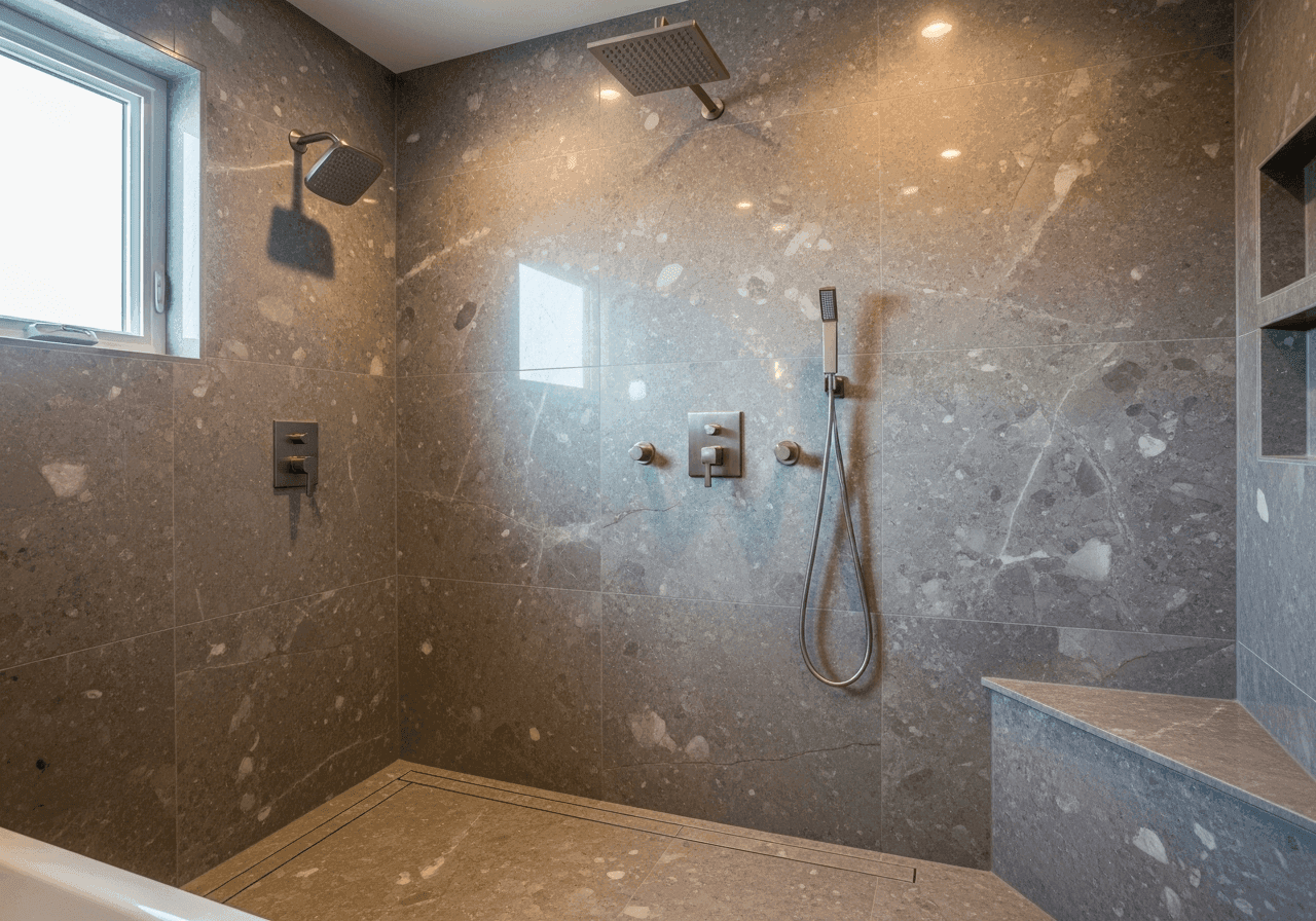 Stone-look composite walk-in shower with a built-in bench
