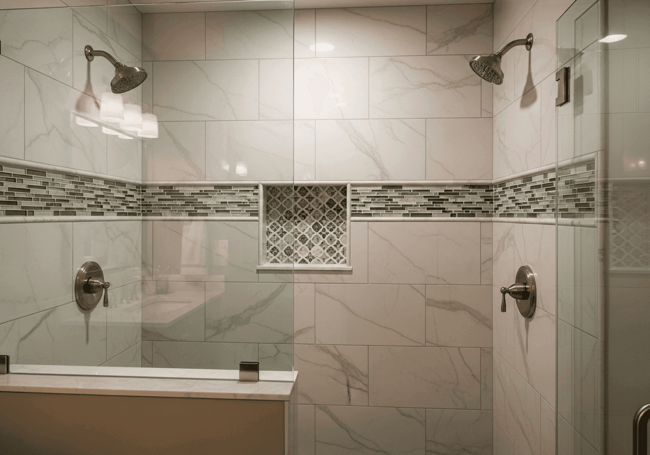 Porcelain tile shower with a mosaic accent band and a tiled niche